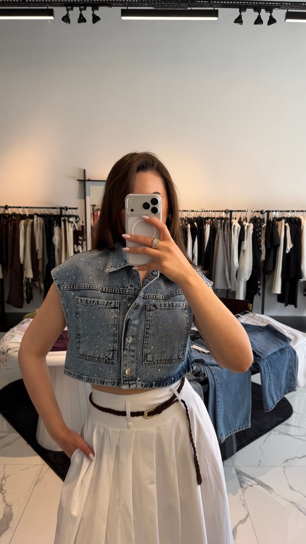 Serpme Taş Kısa Denim Yelek 