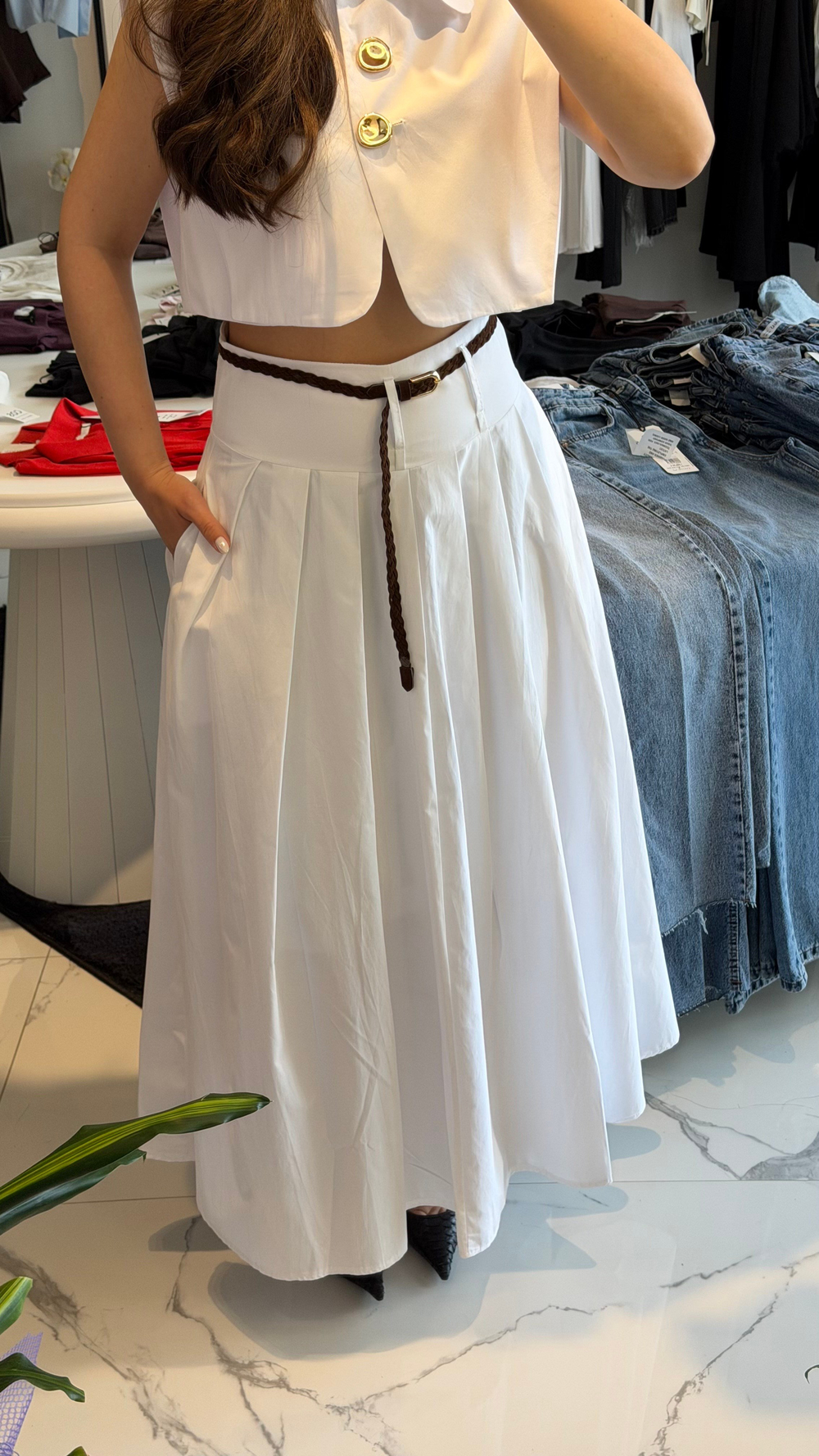 Süet Kemerli Pileli Maxi Poplin Etek 