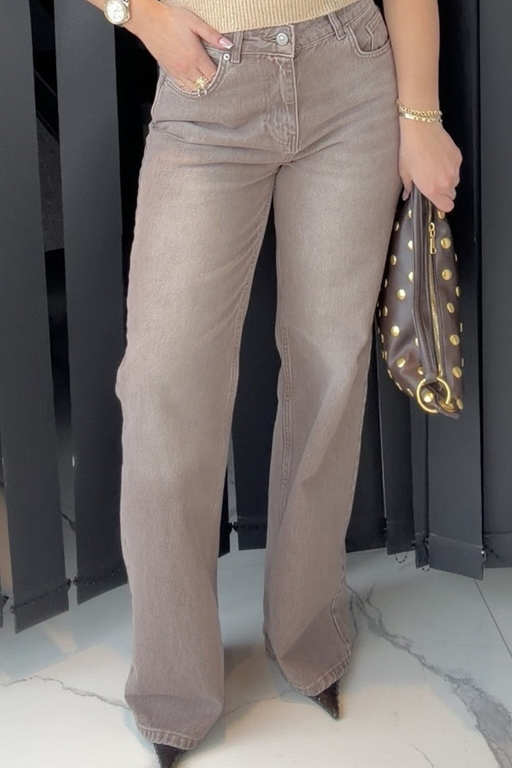 TAŞ YIKAMALI JEAN KAHVERENGİ