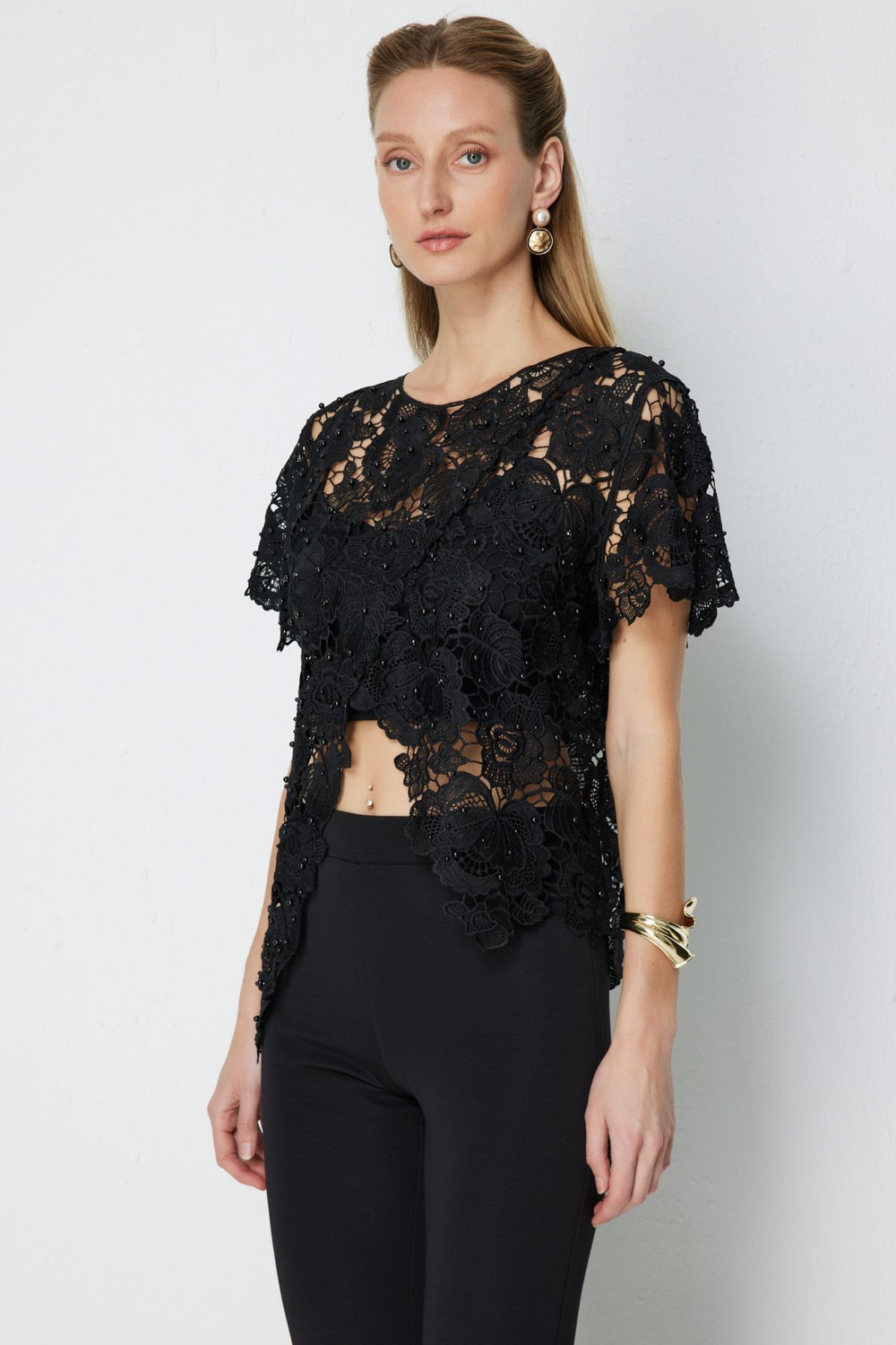 Ekol Asimetrik Kesim Dantelli Bluz SIYAH