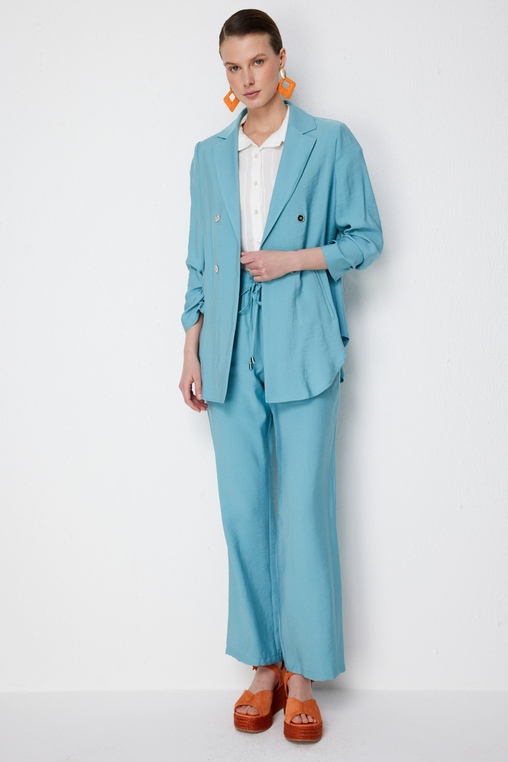 Ekol Beli Bağcıklı Bol Paça Pantolon AQUA
