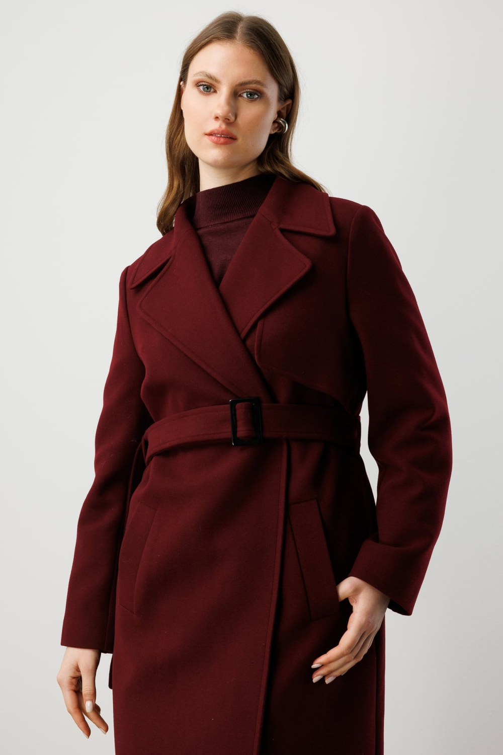 Ekol Beli Kemerli Kaşe Kaban Bordo