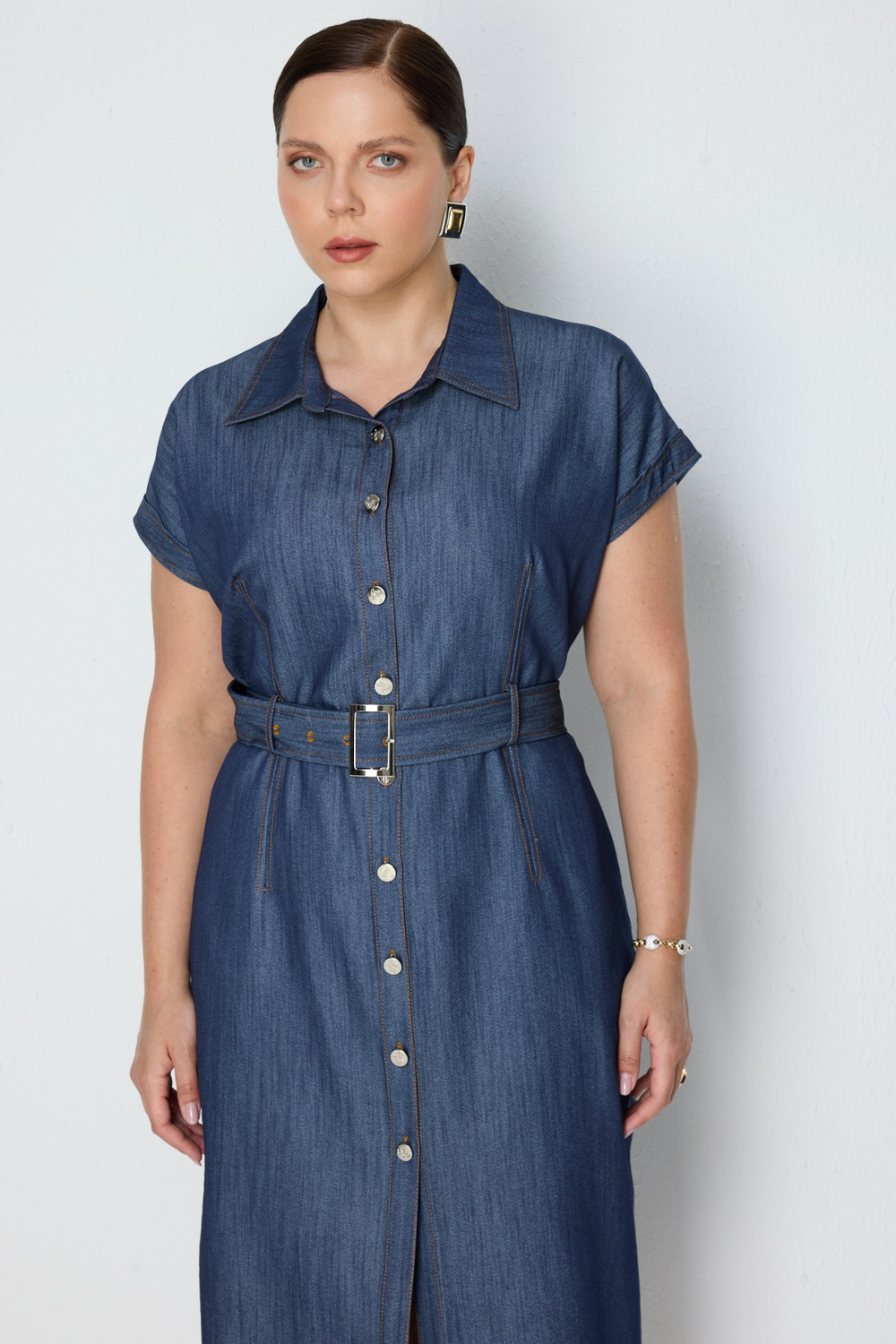 Ekol Beli Kemerli Polo Yaka Midi Elbise BLUE