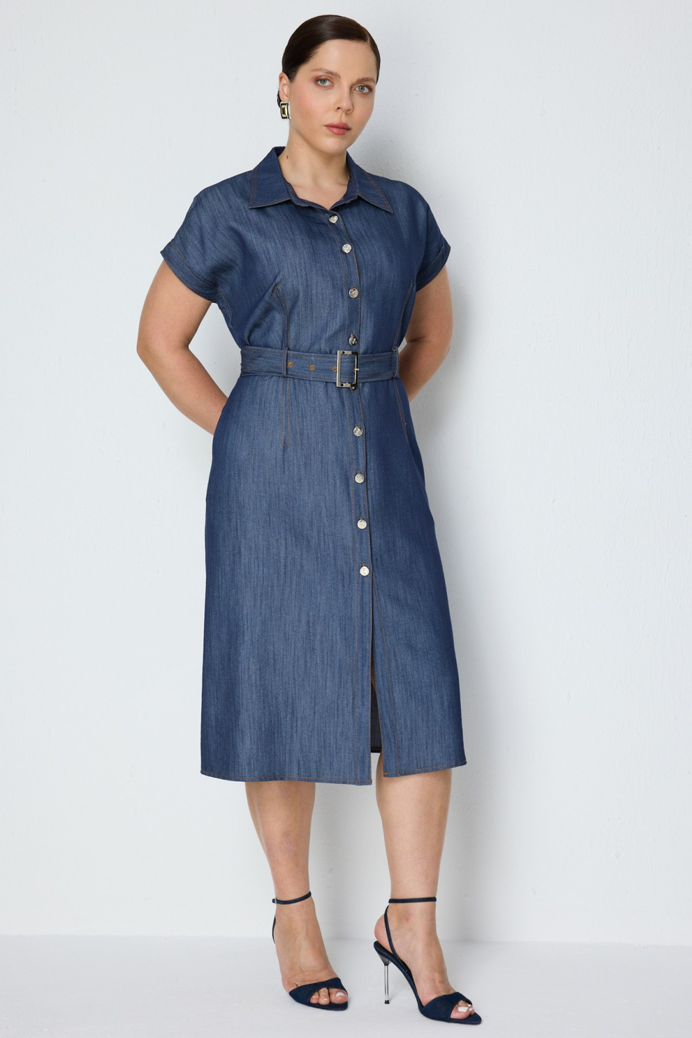 Ekol Beli Kemerli Polo Yaka Midi Elbise BLUE