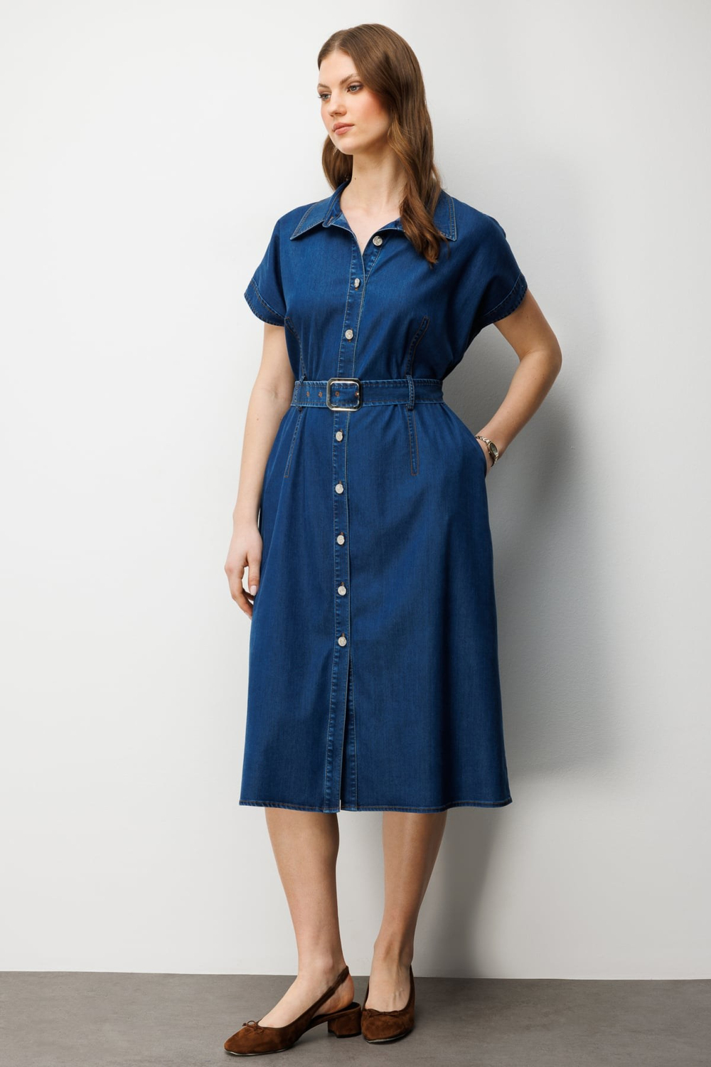 Ekol Beli Kemerli Polo Yaka Midi Elbise INDIGO