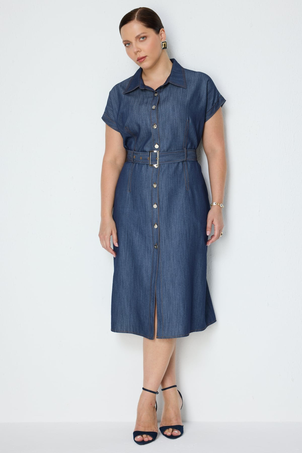 Ekol Beli Kemerli Polo Yaka Midi Elbise BLUE