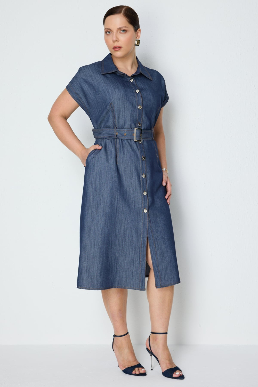 Ekol Beli Kemerli Polo Yaka Midi Elbise BLUE