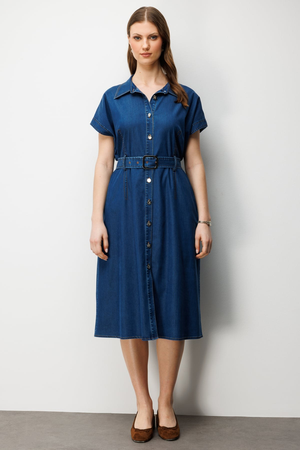 Ekol Beli Kemerli Polo Yaka Midi Elbise INDIGO