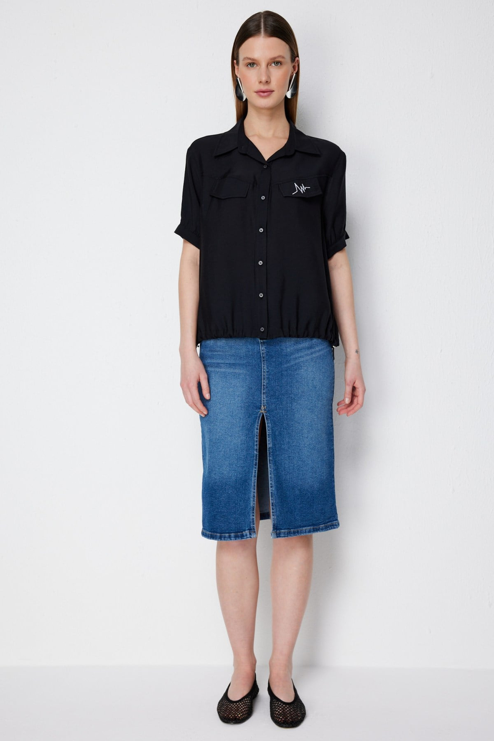 Ekol Beli Lastikli Kırışık Kumaşlı Gömlek SIYAH