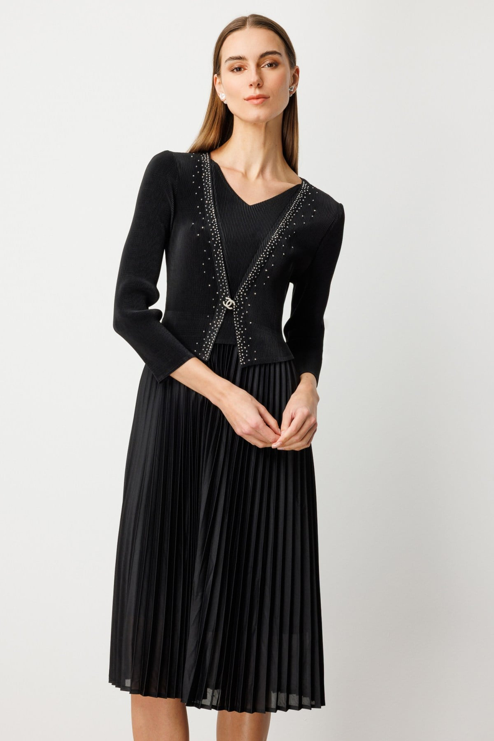 Ekol Eteği Piliseli Taş İşlemeli Elbise Siyah