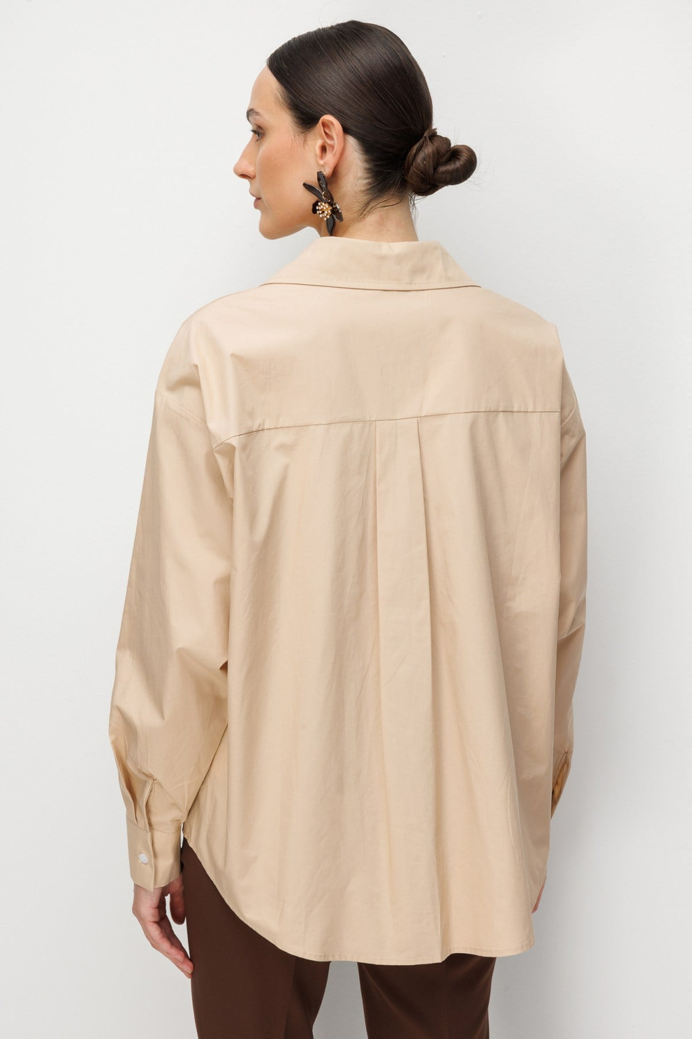 Ekol İşlemeli Oversize Pamuk Gömlek CAMEL