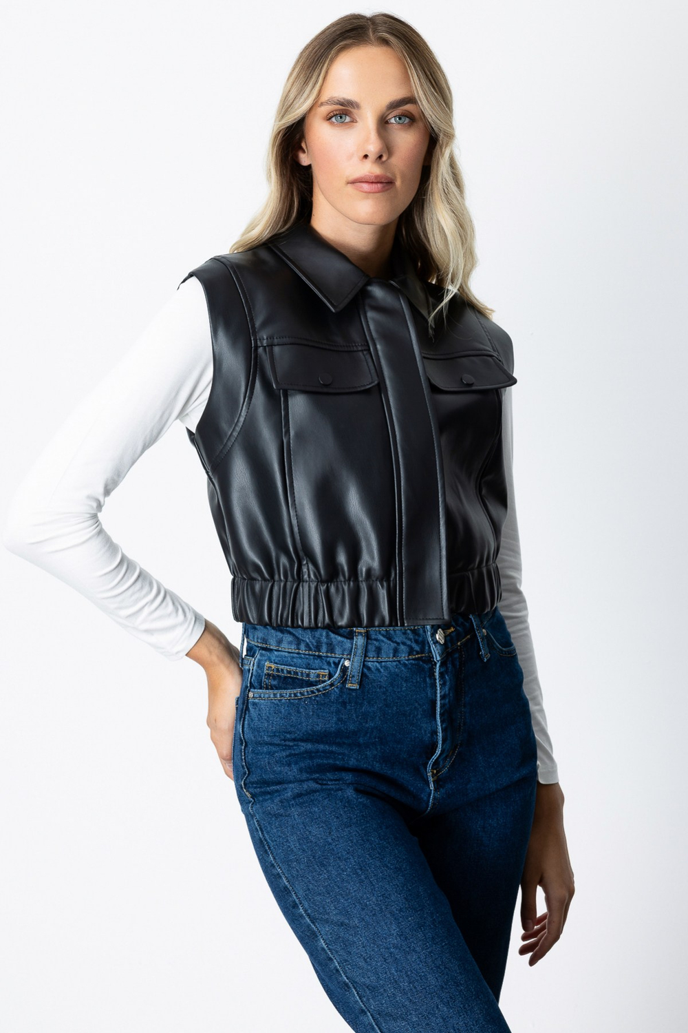 Ekol Kolsuz Deri Crop Yelek Siyah