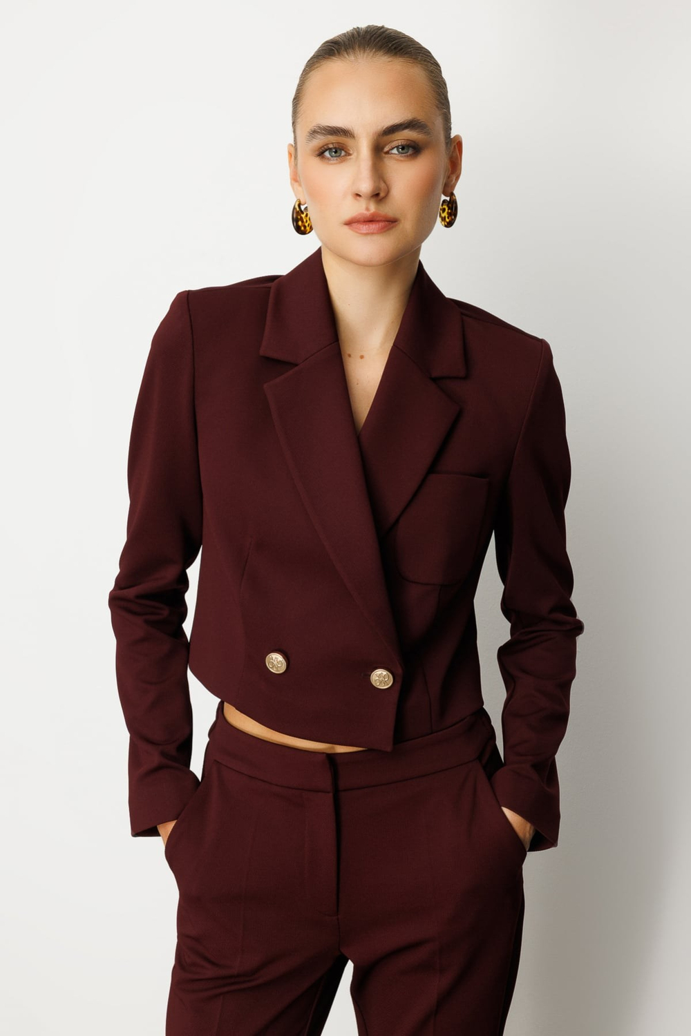 Ekol Kruvaze Yaka Crop Ceket BORDO