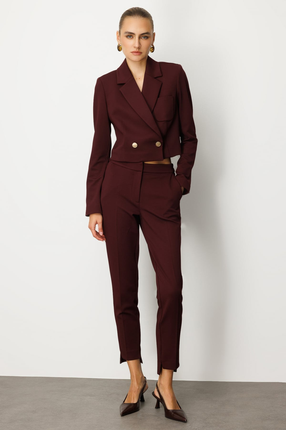 Ekol Kruvaze Yaka Crop Ceket BORDO