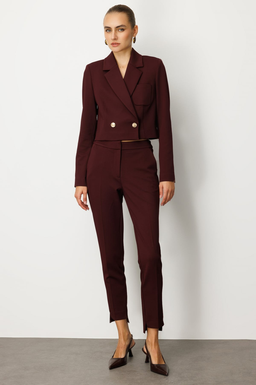 Ekol Kruvaze Yaka Crop Ceket BORDO