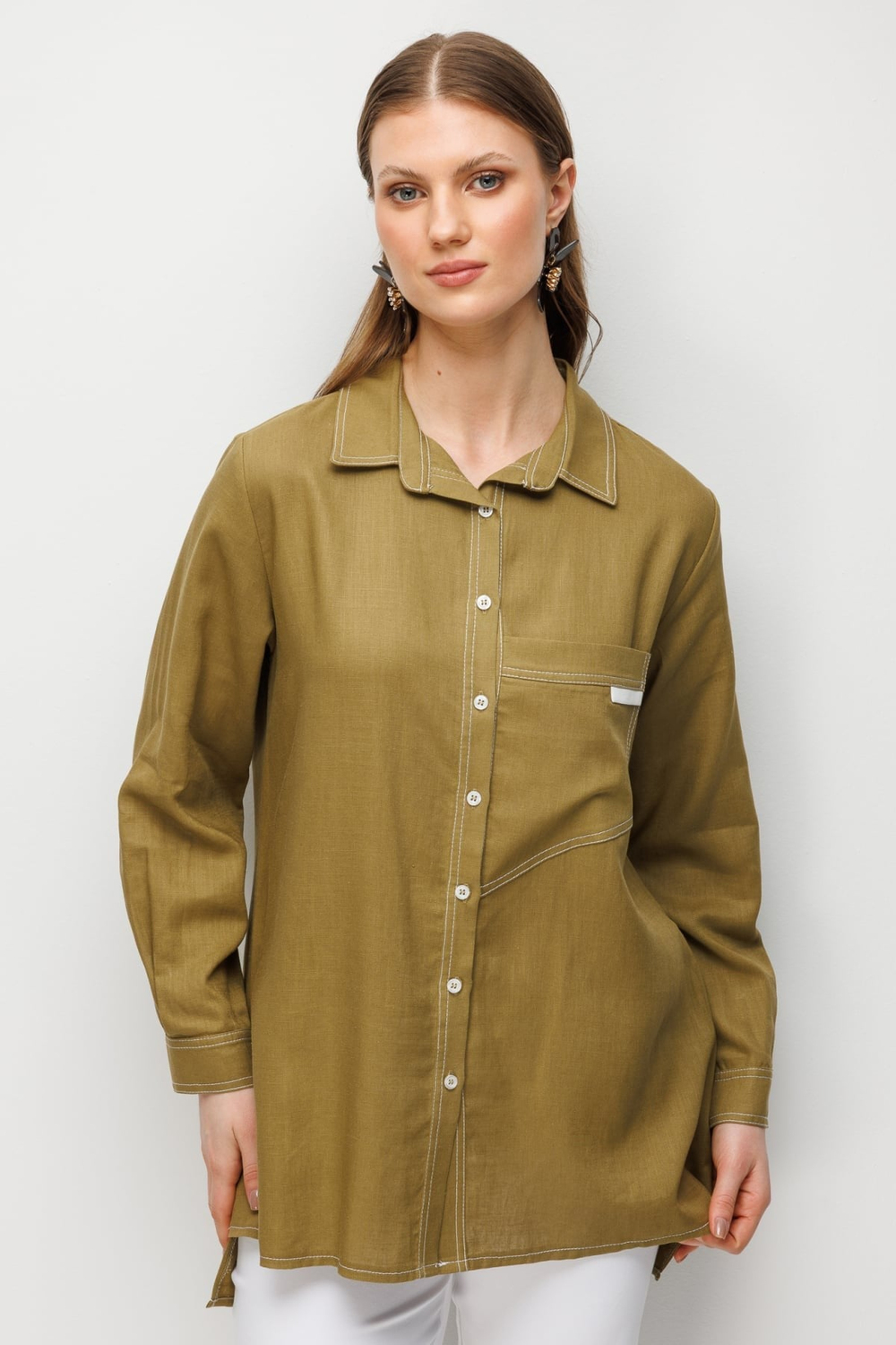 Ekol Torba Cepli Polo Yaka Keten Gömlek OLIVE