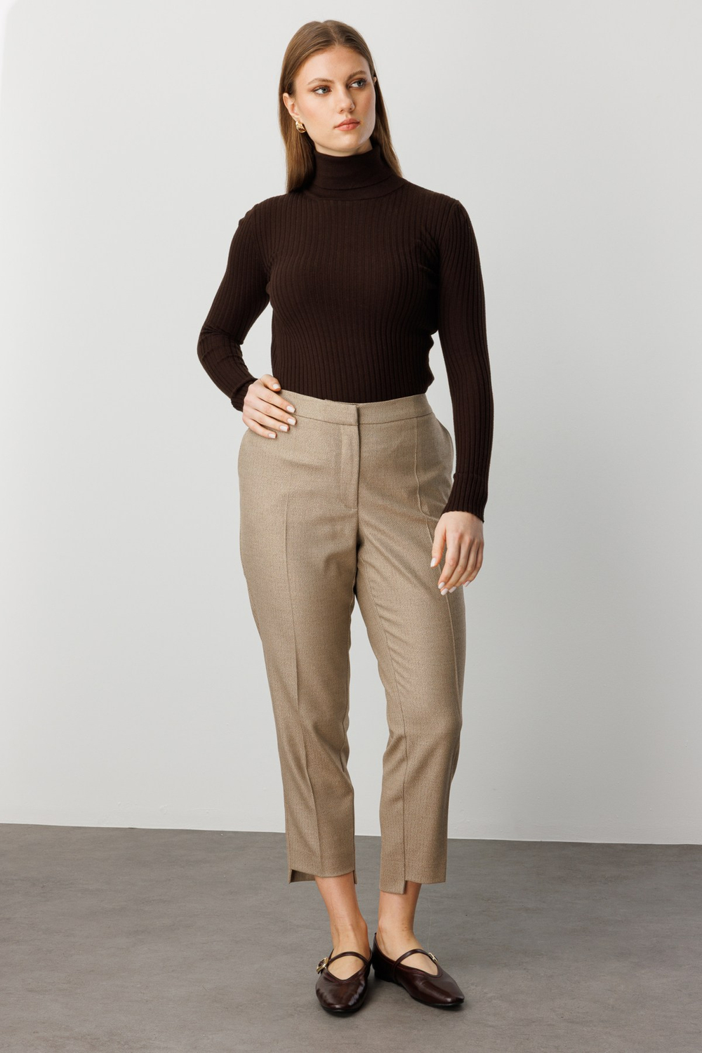 Ekol Zikzak Desenli Dar Paça Pantolon Camel
