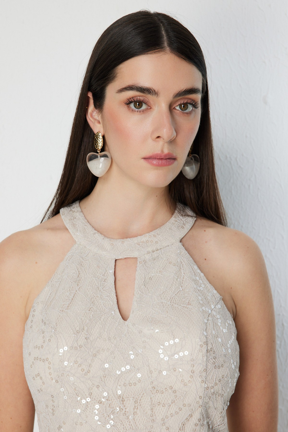 Mi Halter Yaka Payetli Dantelli Kısa Elbise BEJ