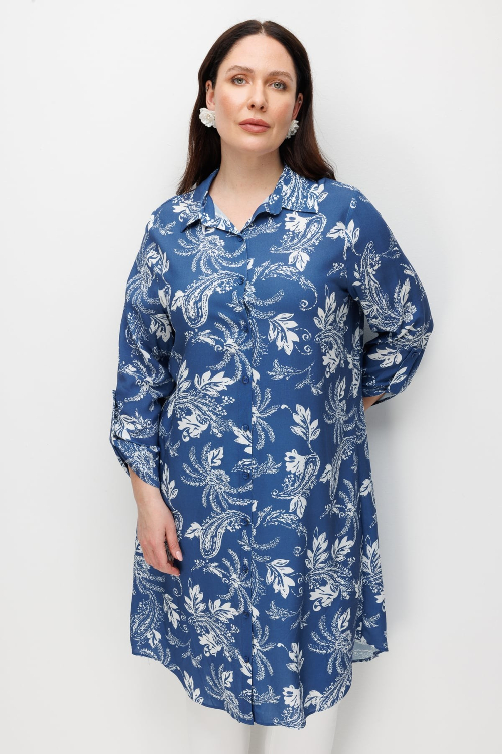 Mi Kolu Katlamalı Çizgili Tunik INDIGO