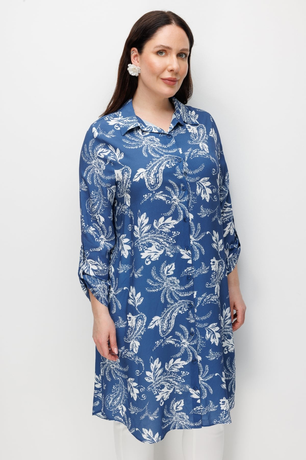Mi Kolu Katlamalı Çizgili Tunik INDIGO