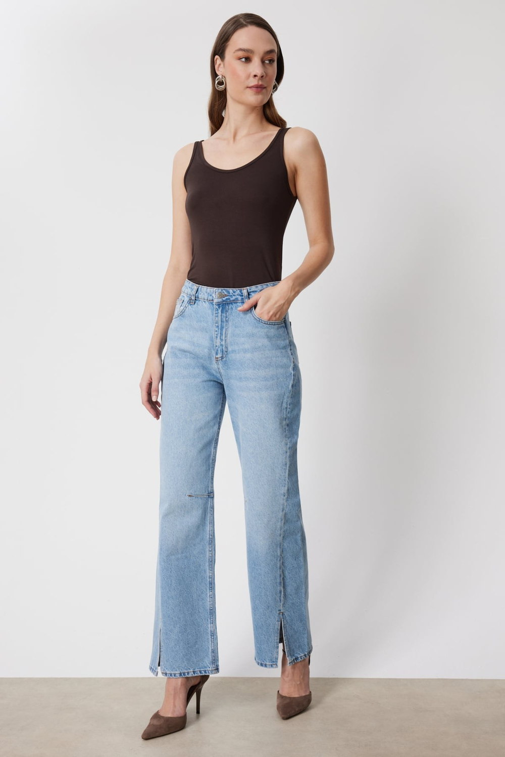 Mi Önü Yırtmaçlı Geniş Paça Kot Pantolon INDIGO