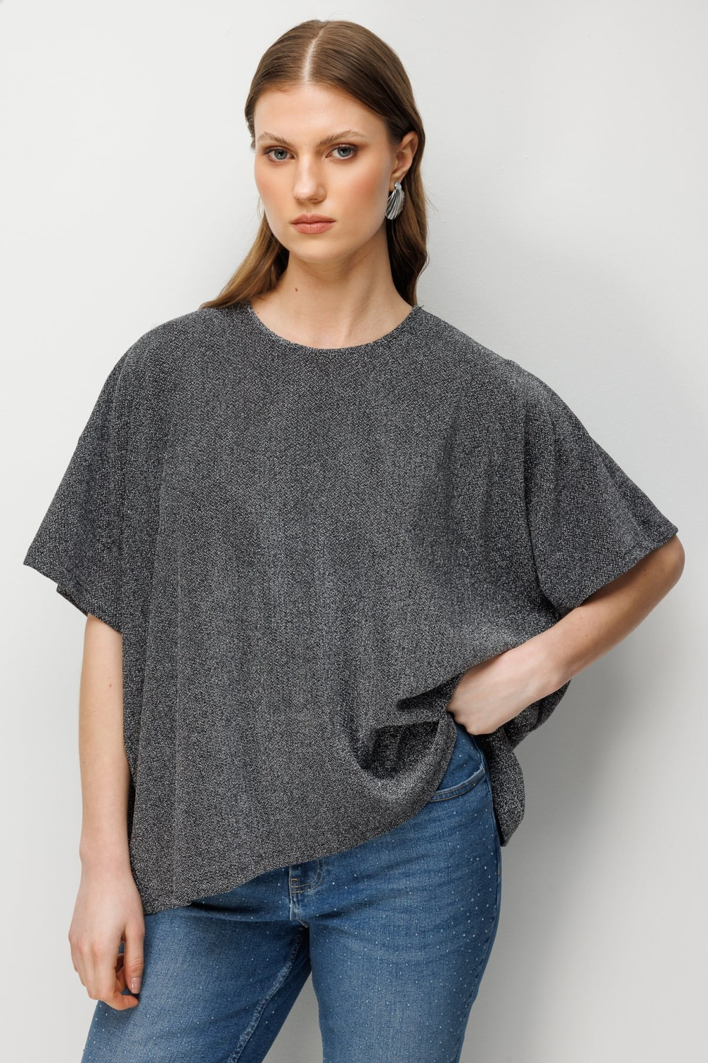 Mi Yarasa Kol Simli Bluz Gümüş