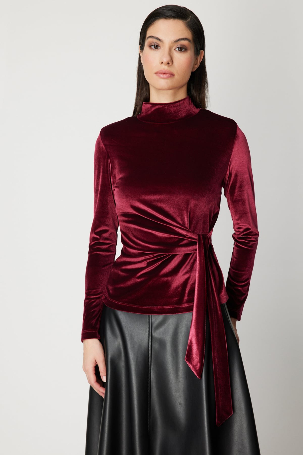 On Beli Bağlamalı Dokulu Bluz BORDO