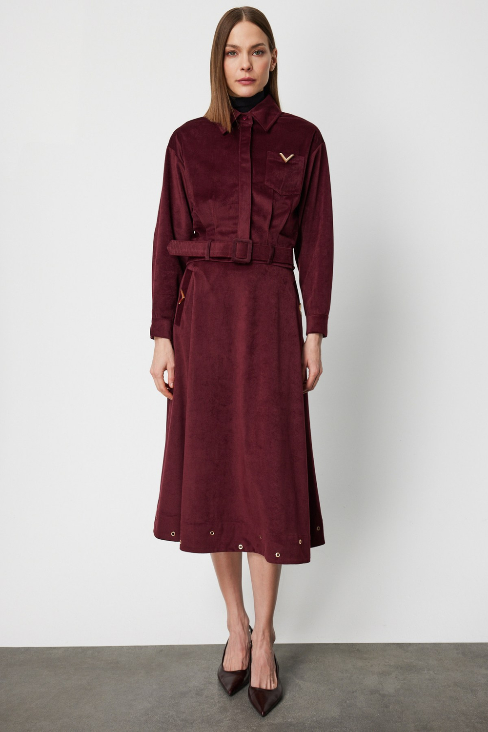 On Beli Kemerli Fitilli Ceket Bordo