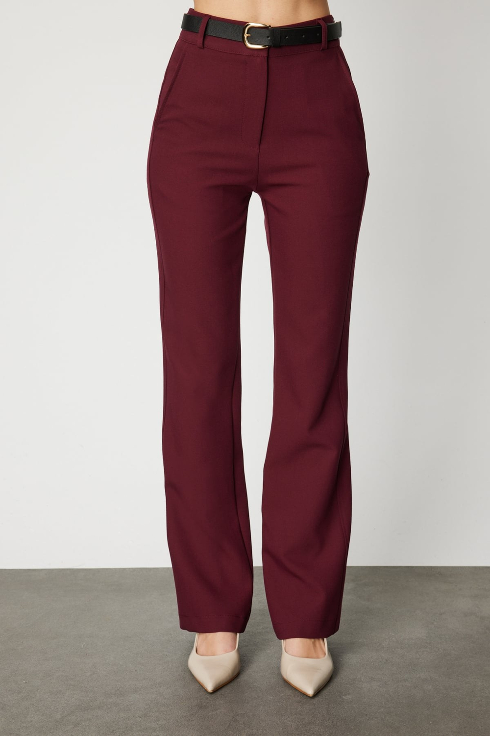 On Beli Kemerli İspanyol Paça Pantolon BORDO