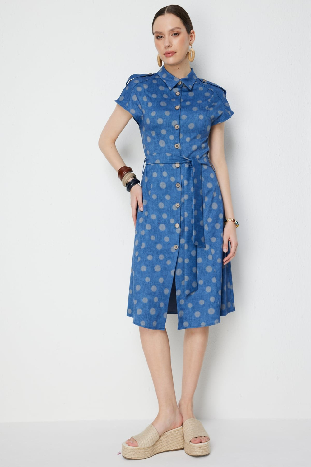 On Beli Kuşaklı Düğmeli Midi Elbise INDIGO