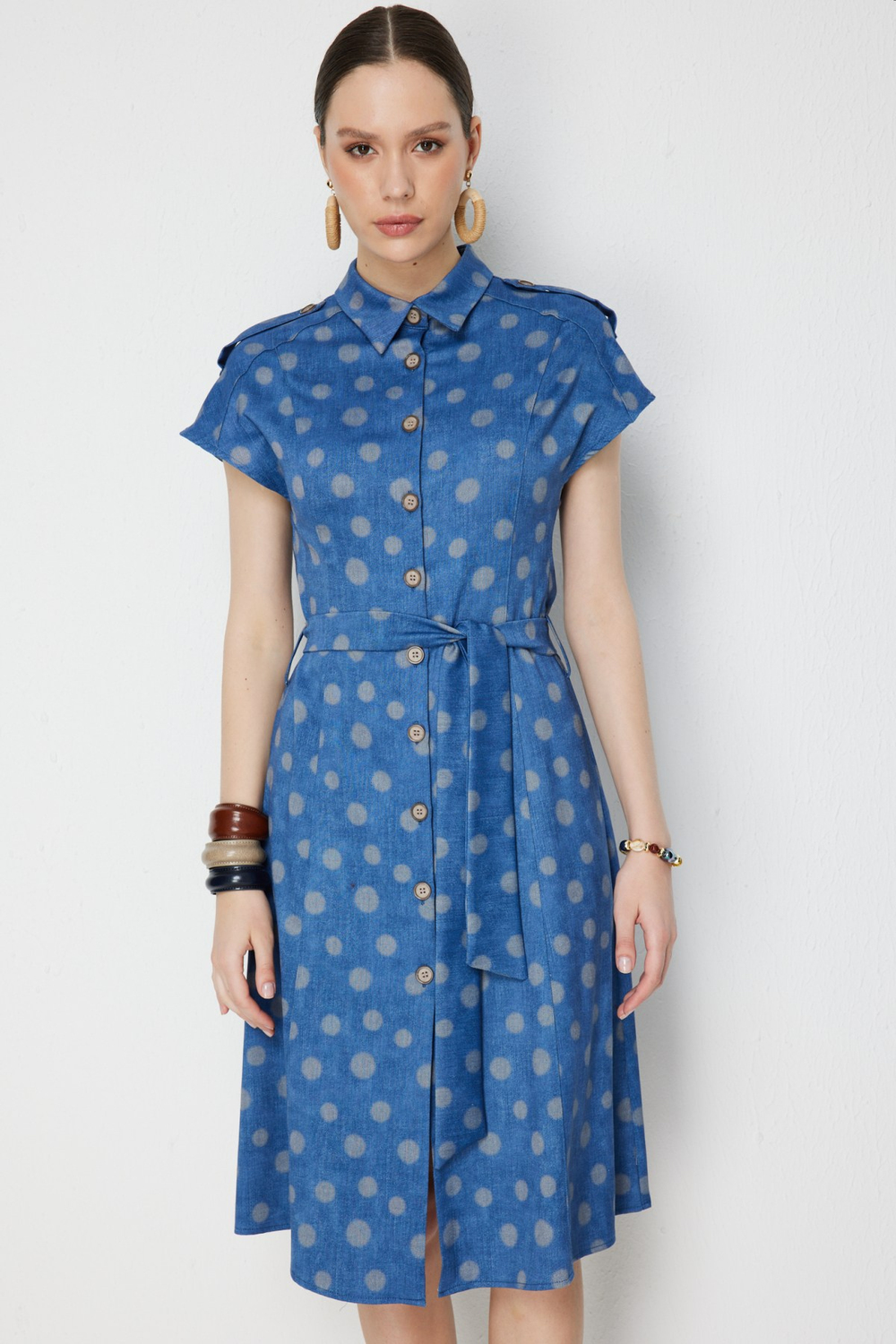 On Beli Kuşaklı Düğmeli Midi Elbise INDIGO