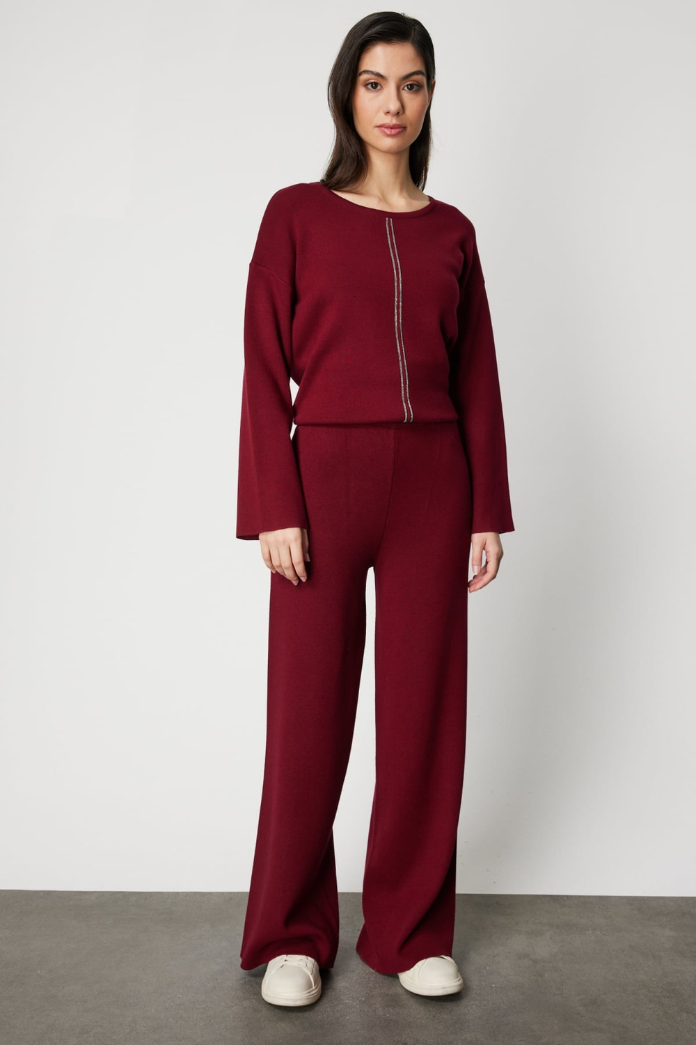 On Beli Lastikli Bol Paça Triko Pantolon BORDO