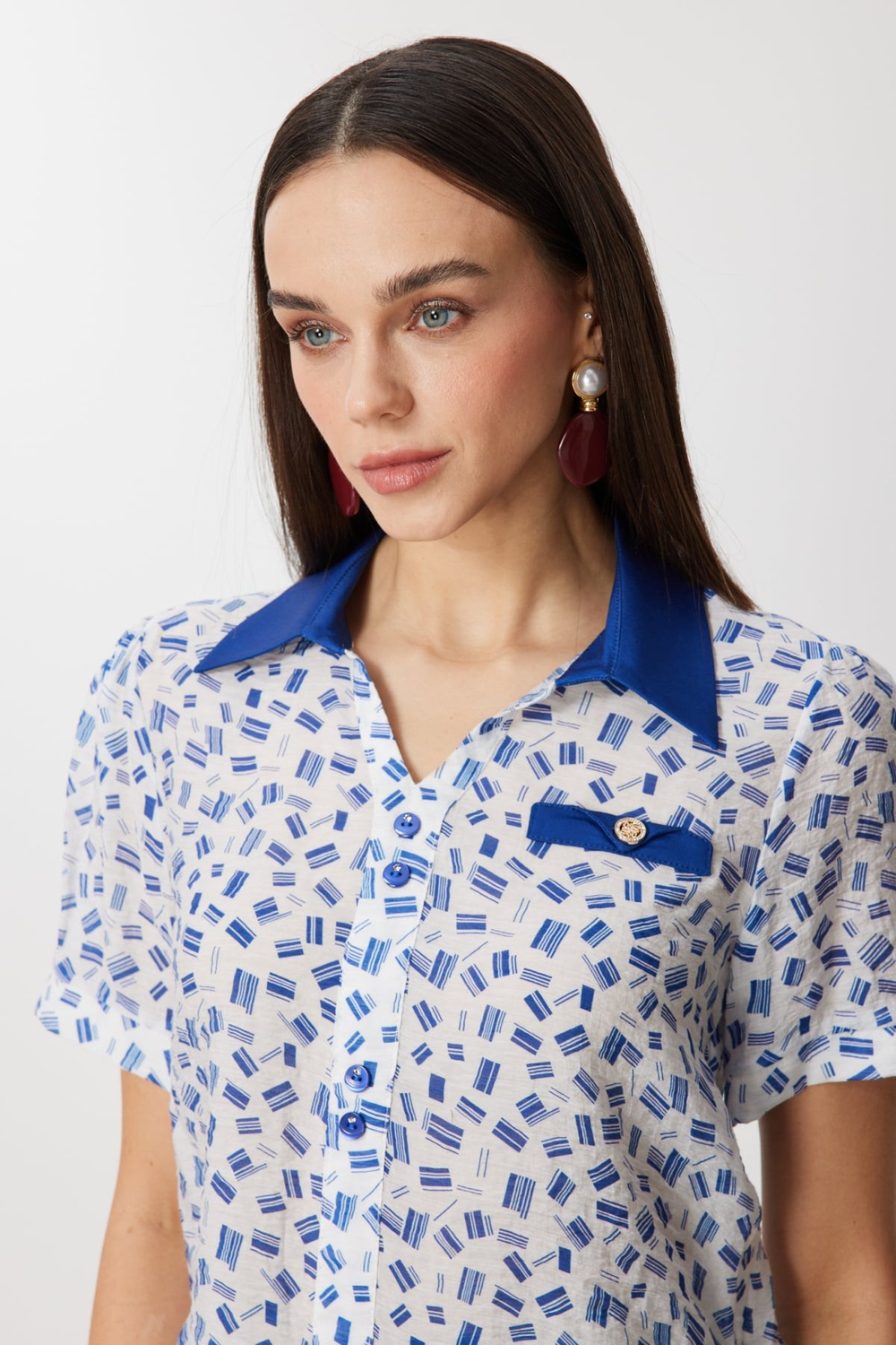 On Desenli Polo Yaka Bluz INDIGO
