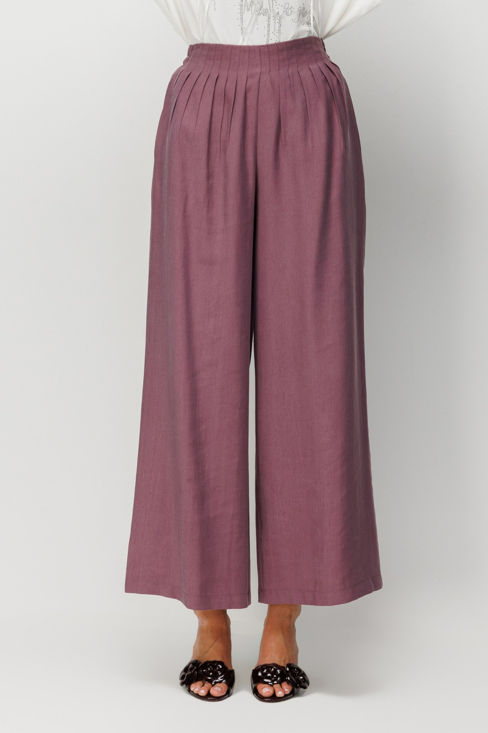 On Dikiş Detaylı Geniş Paça Pantolon Bordo