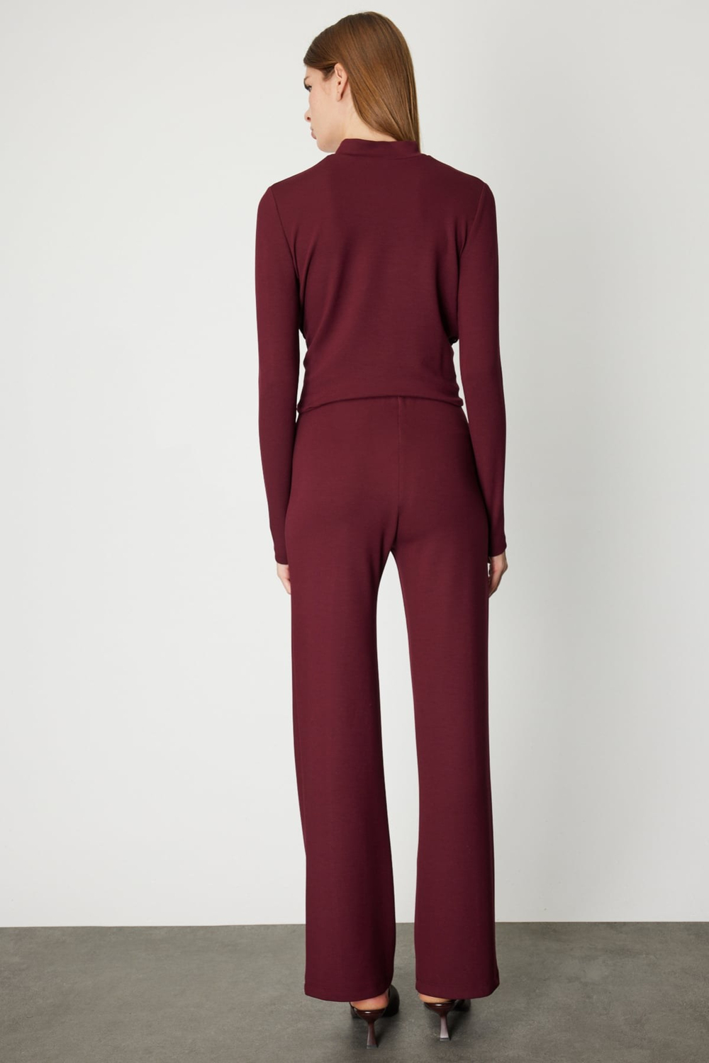 On İnce Fitilli Bol Paça Pantolon BORDO