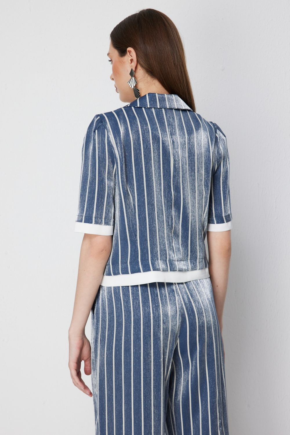 On Kapak Cepli Çizgili Crop Ceket INDIGO