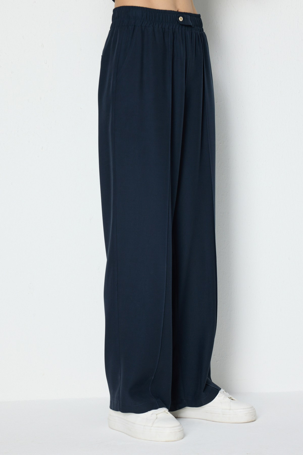 On Önü Çimalı Bol Paça Pantolon INDIGO