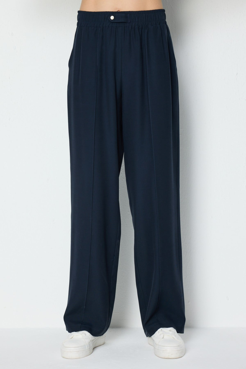 On Önü Çimalı Bol Paça Pantolon INDIGO