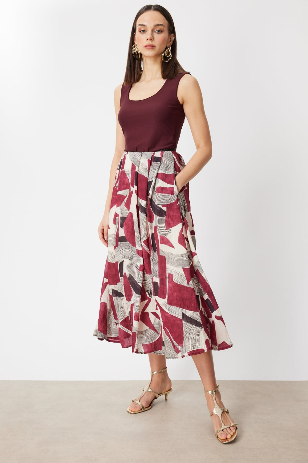 On Pileli Desenli Maxi Etek BORDO