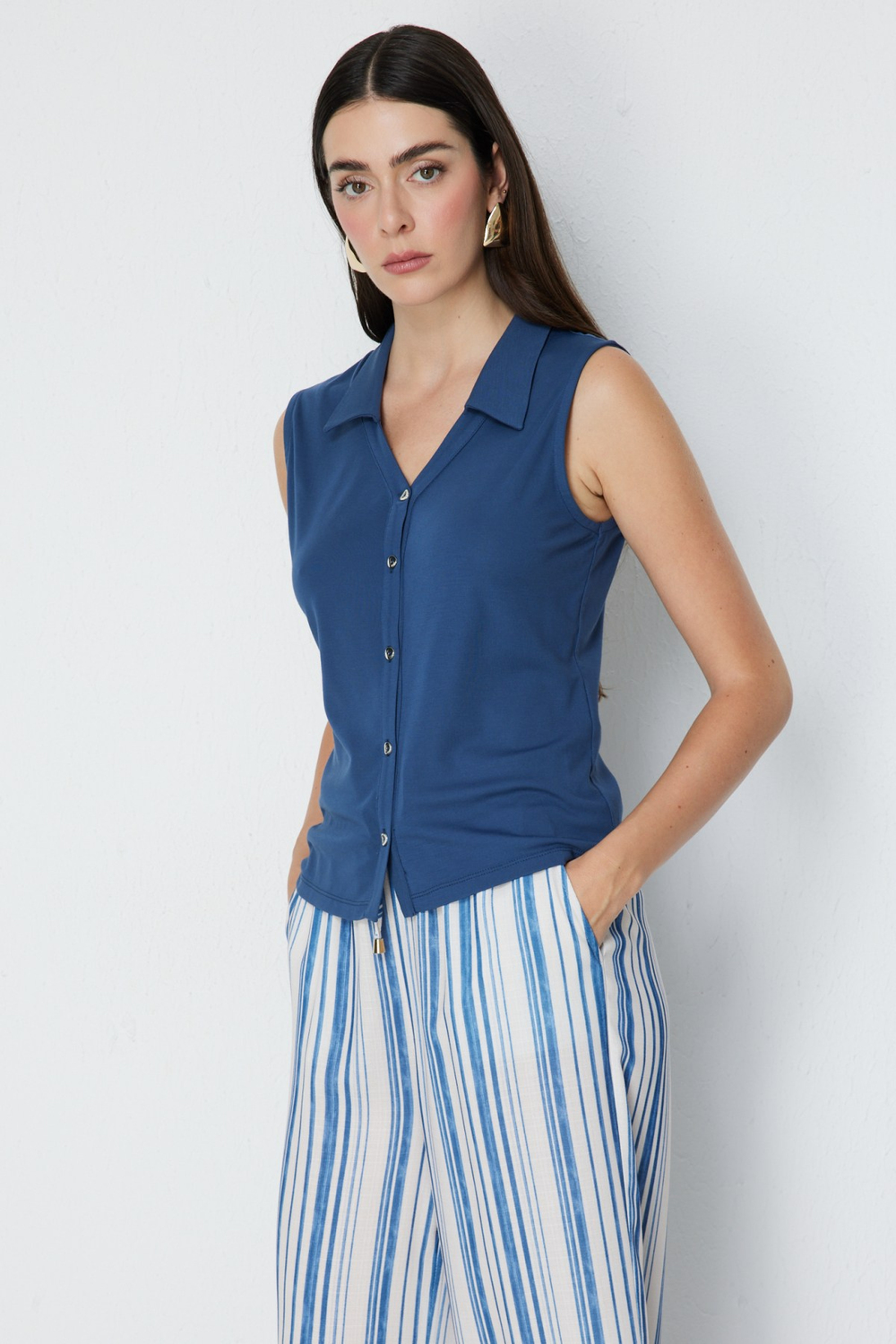 On Polo Yaka Düğmeli Bluz INDIGO