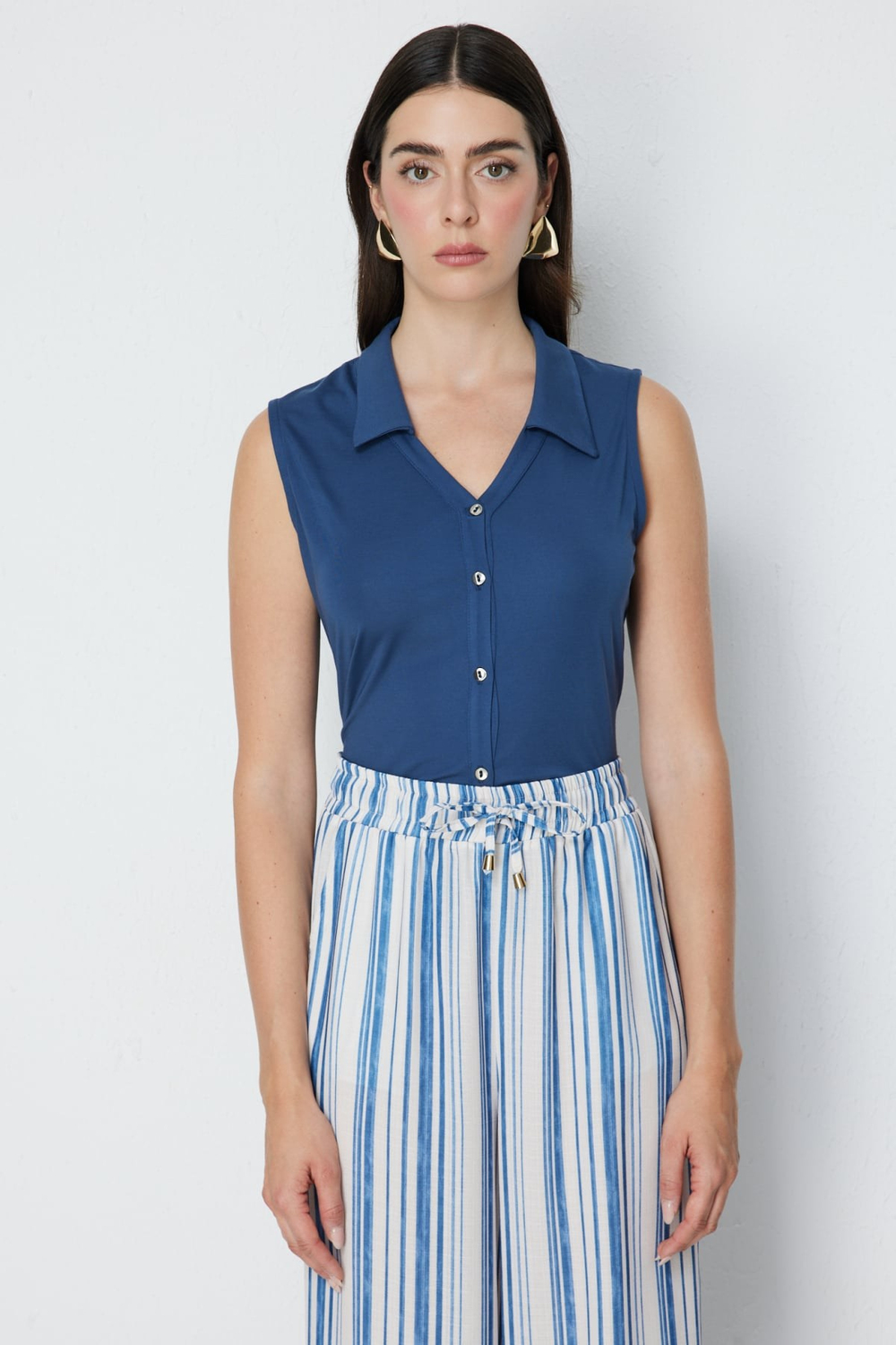On Polo Yaka Düğmeli Bluz INDIGO