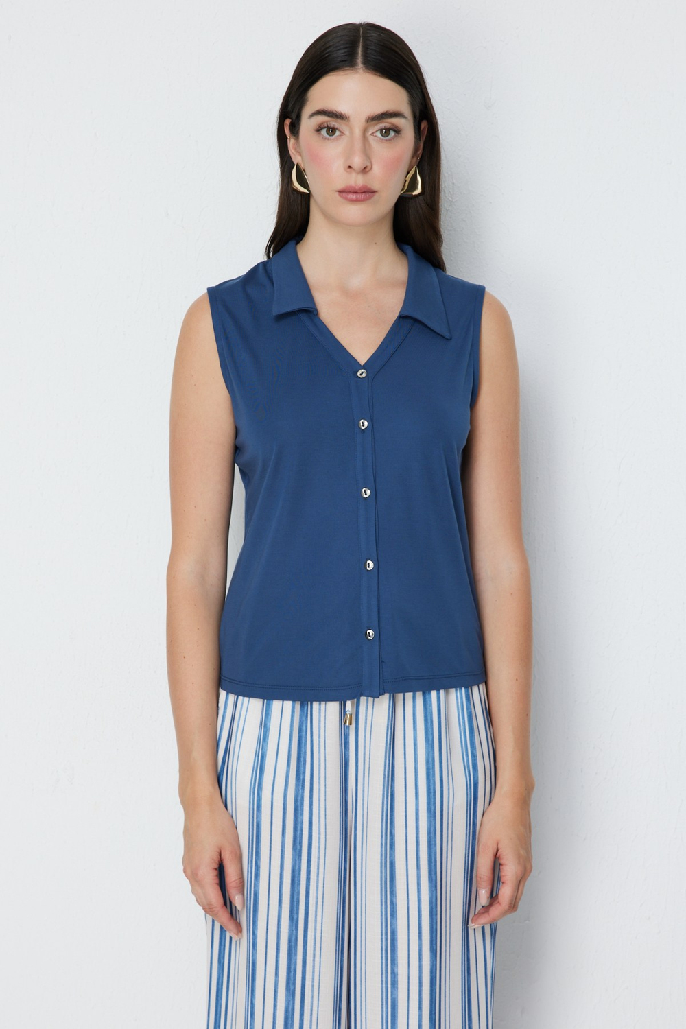 On Polo Yaka Düğmeli Bluz INDIGO