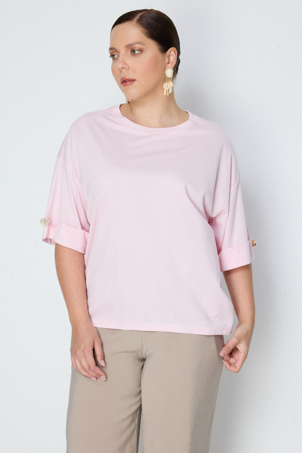 On Süs Düğmeli Yarım Kollu Bluz Pembe