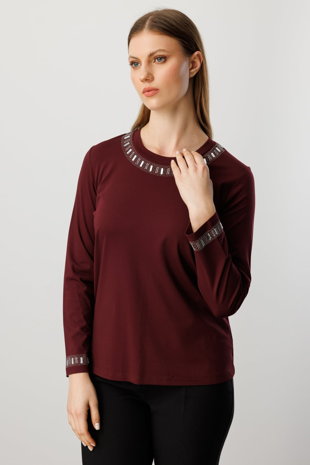 On Taş Detaylı Büyük Beden Bluz BORDO