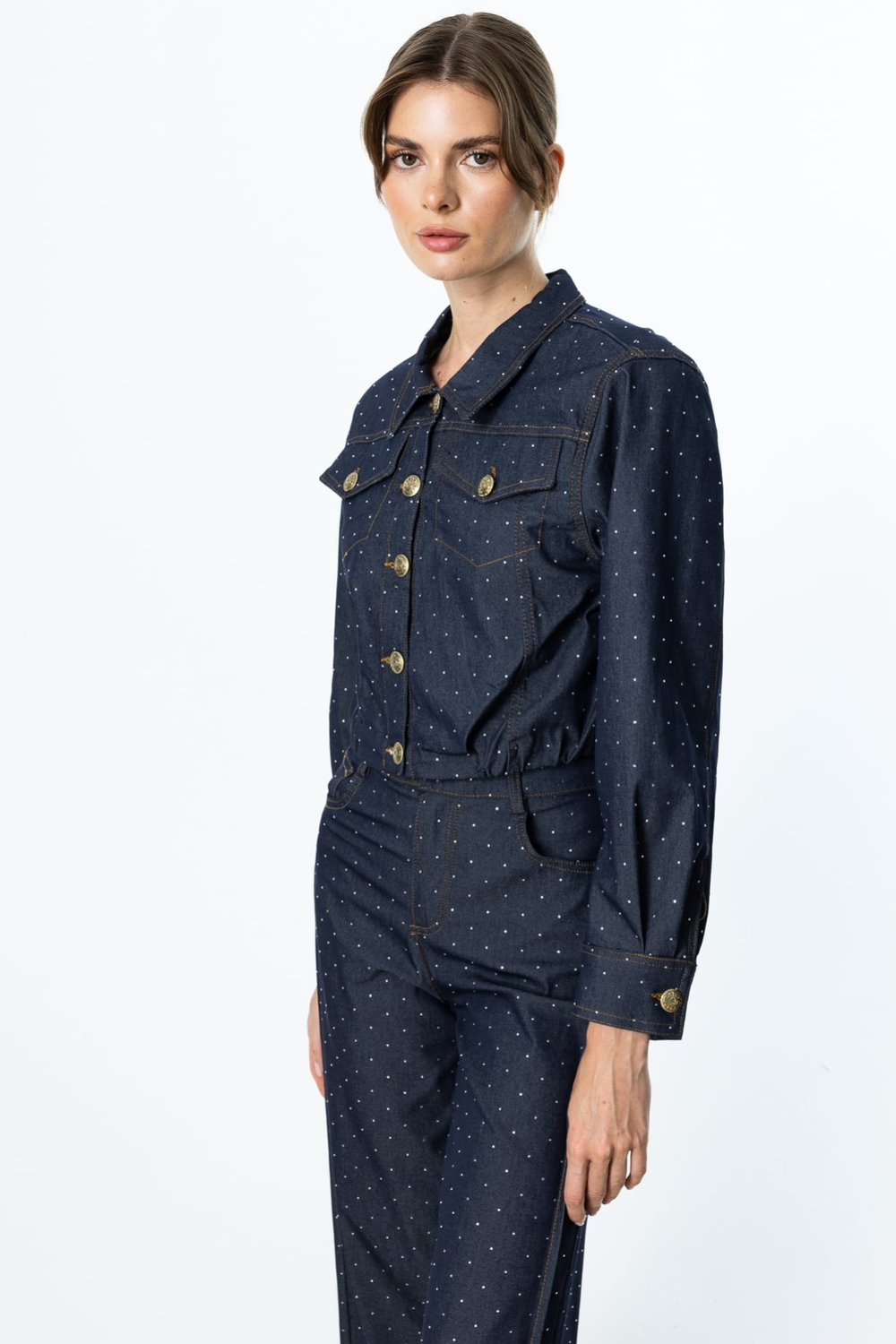 On Taşlı Crop Denim Ceket İndigo