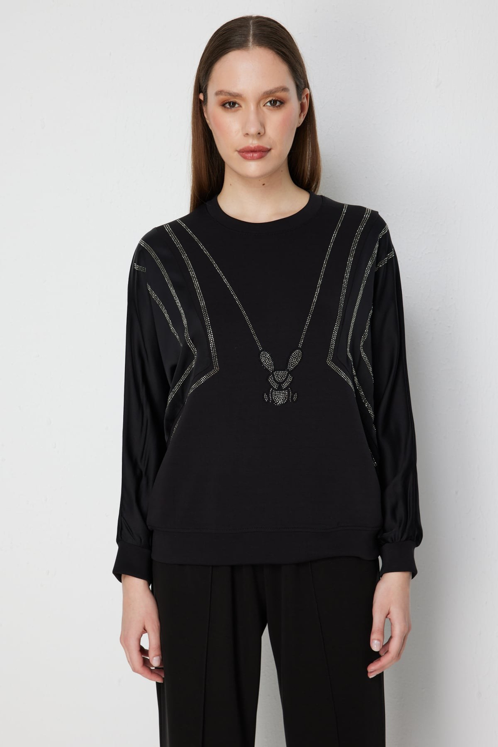On Tavşan Desenli Mix Kumaş Sweat SIYAH