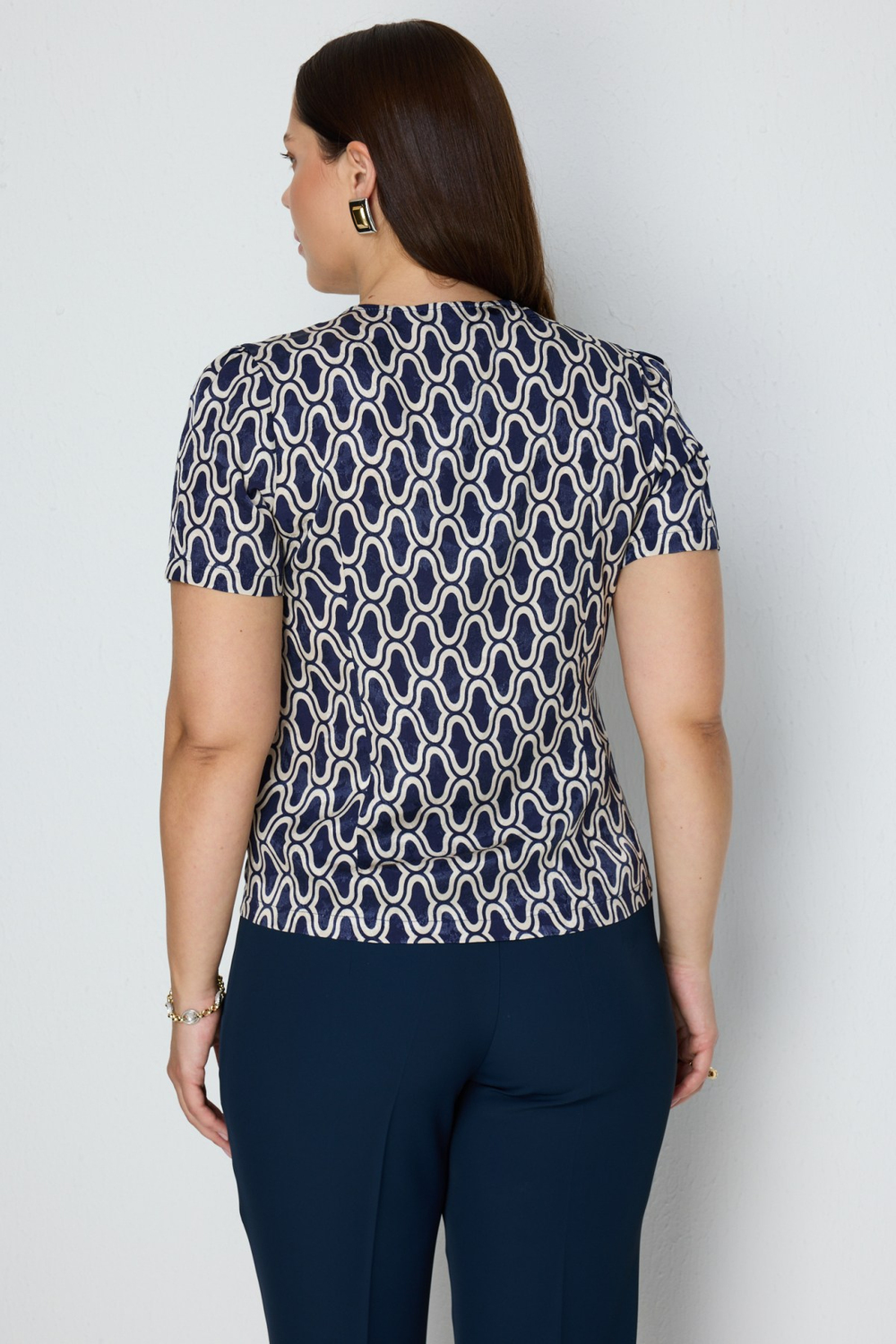 On V Yaka Desenli Bluz INDIGO