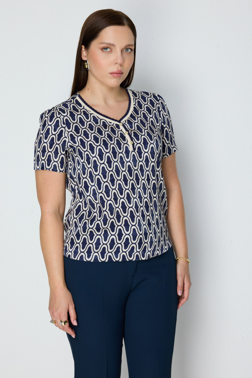 On V Yaka Desenli Bluz INDIGO