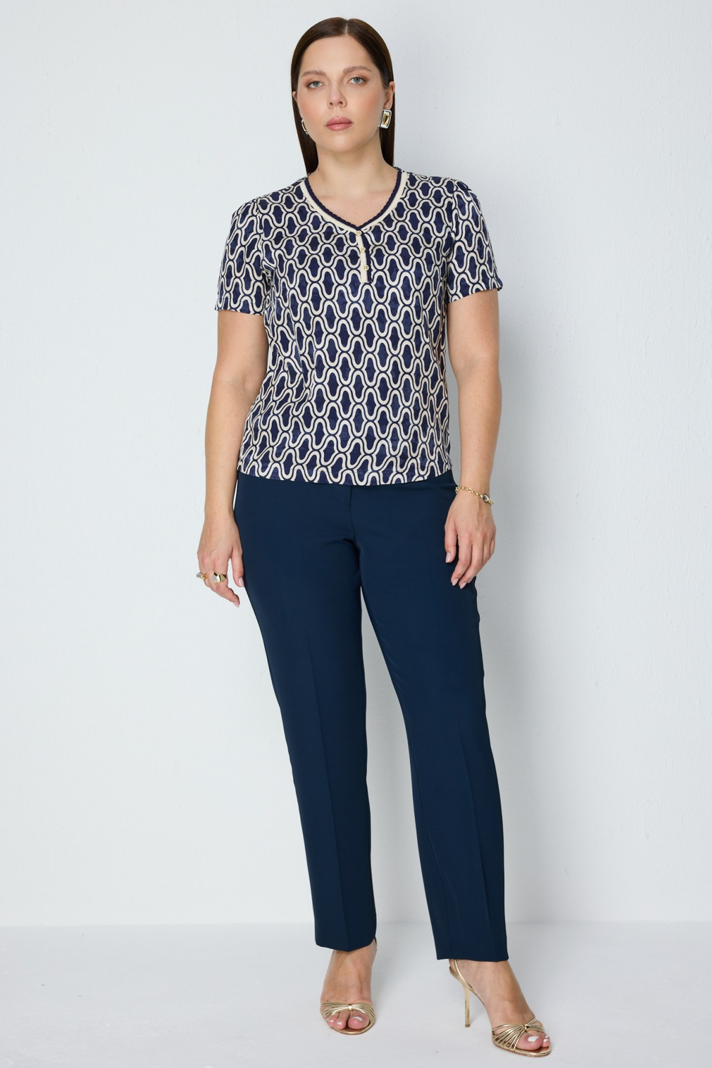 On V Yaka Desenli Bluz INDIGO