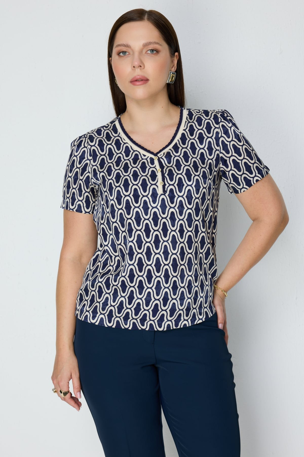 On V Yaka Desenli Bluz INDIGO